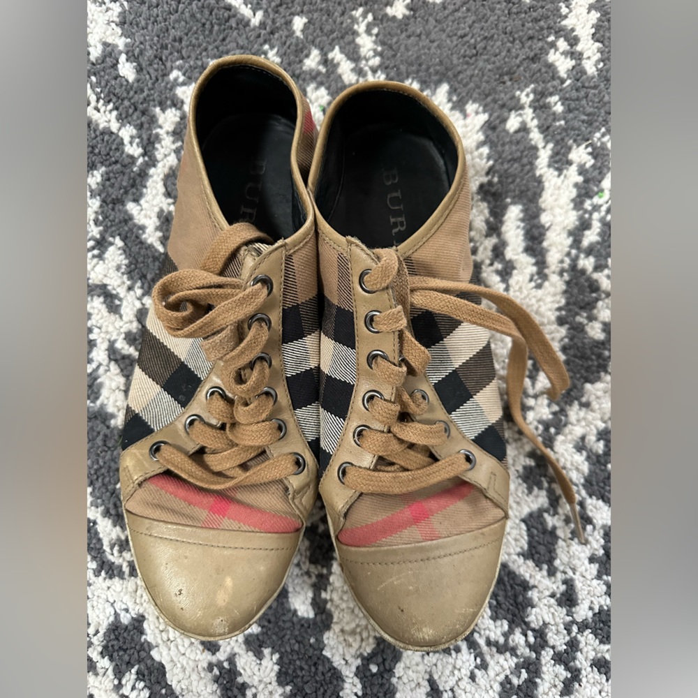 Burberry Tan Plaid Canvas & Leather Sneakers